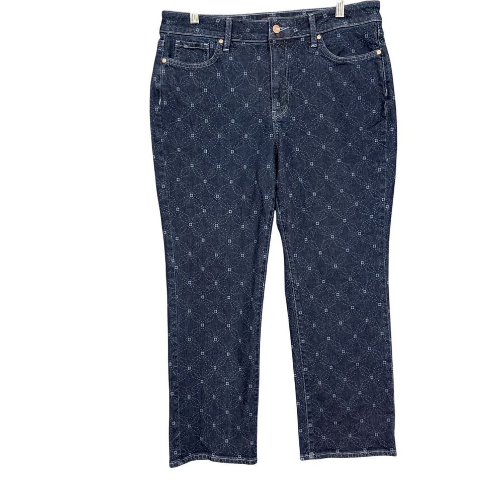 NYDJ Marilyn Straight Jeans Womens 12 Blue Geo Flower Print Lift Tuck Slimming